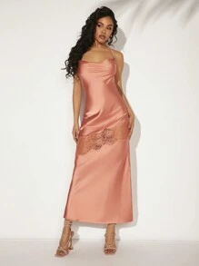 SHEIN Unity Solid Draped Satin Maxi Elegant Dress With Lace Detail - Dusty Pink - View 5