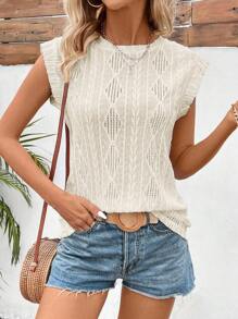 SHEIN LUNE Round Neck Knitted Jacquard Pullover T-Shirt - Apricot - View 3