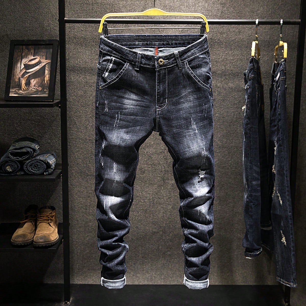 Vaqueros casuales de cintura elástica con diseño de pinzas para hombres