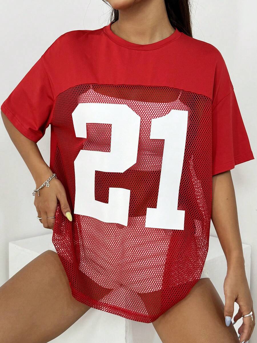 SHEIN EZwear 夏季數字印花寬鬆T恤，網眼拼接，隊伍設計
