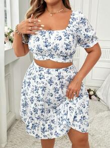 Franclia Plus Size Floral Square Neck Tie Bowknot Set - Blue and White - View 4