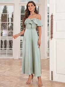 Spaghetti Strap Ruffle A-Line Off-Shoulder Bridesmaid Dress
