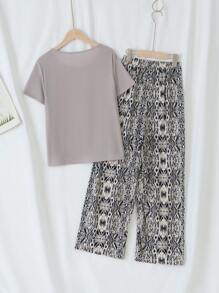 青少年女孩簡約卡其色短袖T恤和長褲兩件套家居服裝 - 藏蓝色 - 查看 2