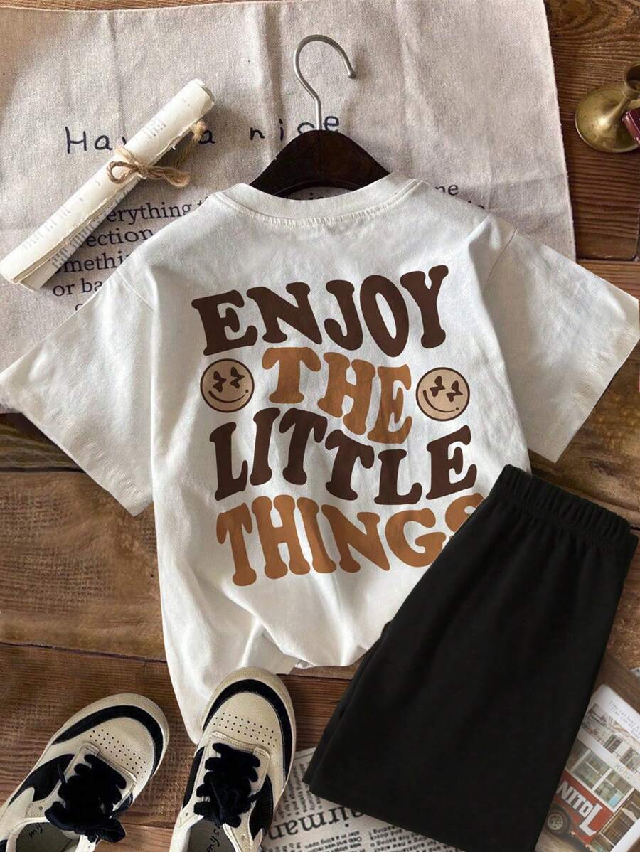 SHEIN Leap Crew Set da 2 pezzi di maglietta a maniche corte con stampa di lettere cartoni animati e pantaloncini casual minimalisti per ragazze pre-adolescenti, adatto per l'estate - Multicolore - Visualizzare 1