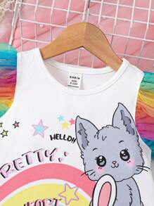 SHEIN Linda Vestido Casual Para Niña Con Patrón De Dibujos Animados Con Malla Multicolor Y Manga Corta, Adecuado Para Verano - Blanco - Ver 5