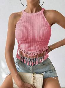 SHEIN Women Summer Textured Fringe Hem Sleeveless Tank Top With Slim Fit And Versatile Design Sense - Pink - View 3