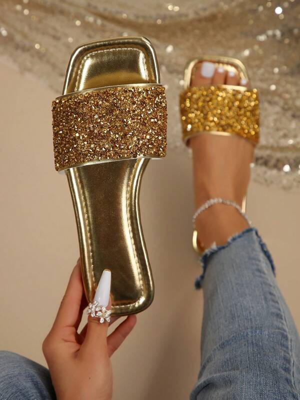 2025 New Luxurious Anti-Slip Outdoor Vacation Beach Comfortable Versatile Rhinestone Pearl Flat Mule Open Toe Slippers, Daily Wear, Korean French Style, Plus Size, Size 41-42-43