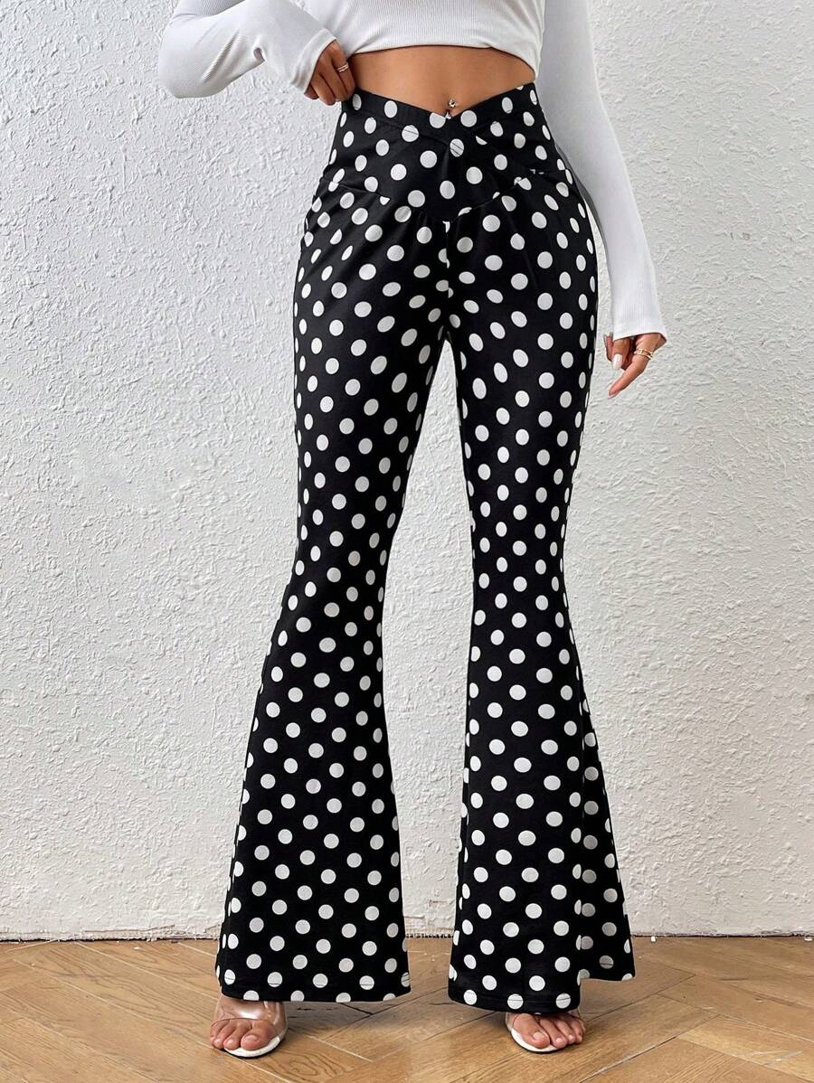 Chiquease 女士休閒波點印花V腰喇叭褲 - 黑與白 - 查看 1