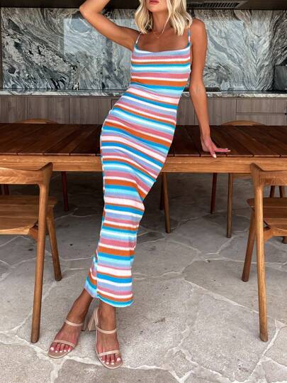 Vacation Casual Colorblock Striped Knit Fitted Long Cami Dress