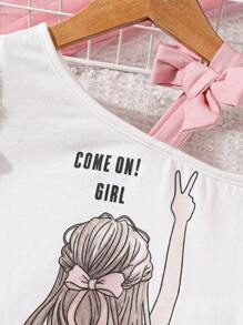 SHEIN Baby Girl Casual Summer Knitwear Cartoon Patterned Top & Solid Color Snug Fit Long Pants Set With Elastic Waistband, Suitable For Summer - Pink - View 9