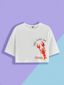 FRIENDS X SHEIN Lobster And Slogan Graphic Drop Shoulder Crop Tee YOU ARE MY LOBSTER