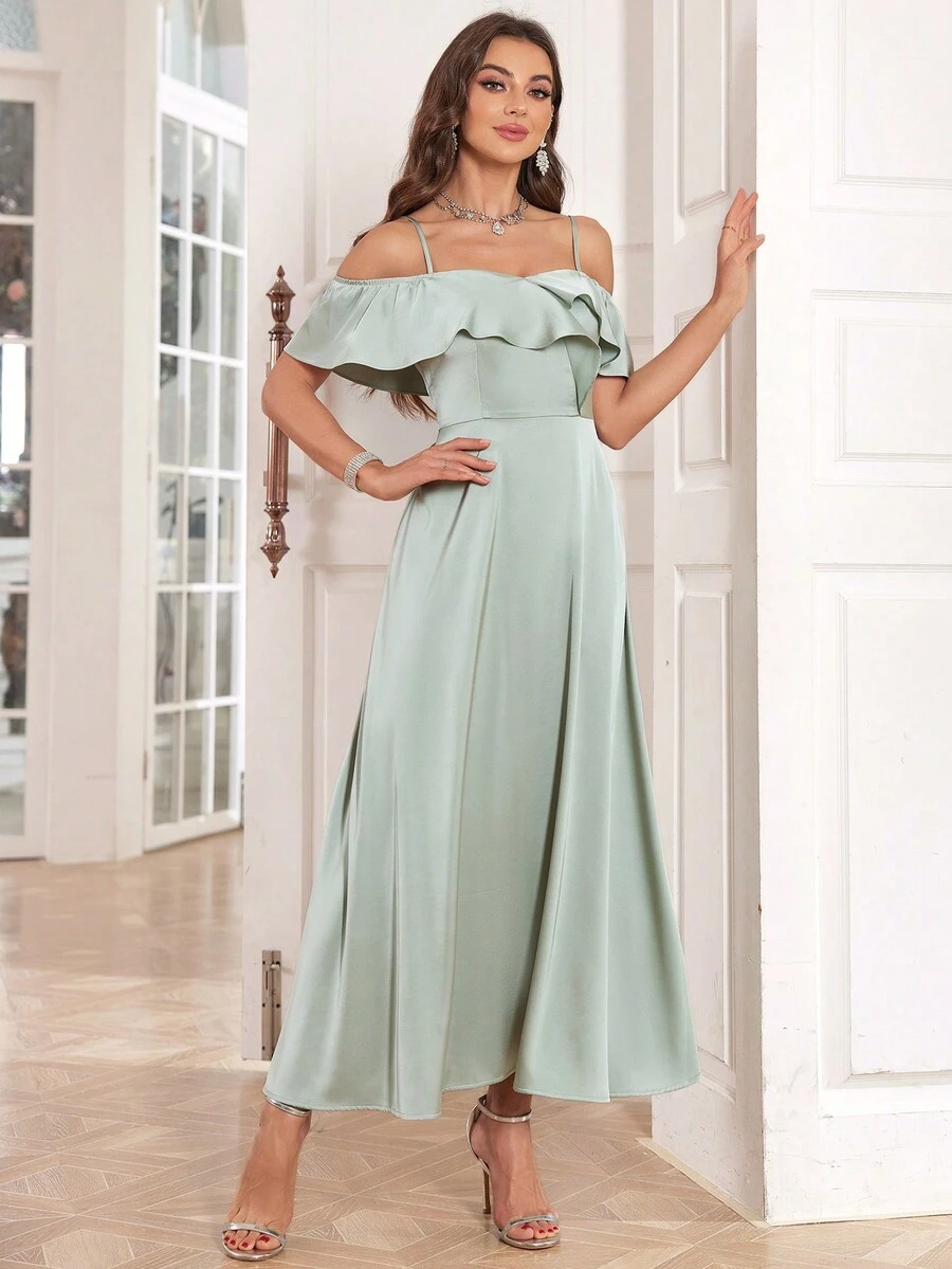Spaghetti Strap Ruffle A-Line Off-Shoulder Bridesmaid Dress