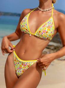 SHEIN Swim 女士碎花印花吊带三角杯比基尼套装，适合夏季海滩度假 - 黃色 - 查看 1