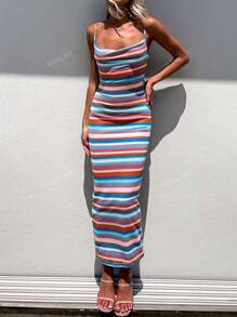 Vacation Casual Colorblock Striped Knit Fitted Long Cami Dress