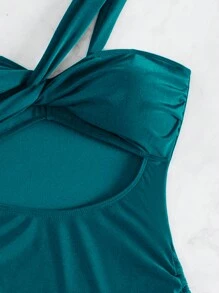 Swim Lushoire Women One Shoulder Twist Hollow Out Drawstring Swimsuit For Summer Beach And Holiday - Teal Blue - View 3