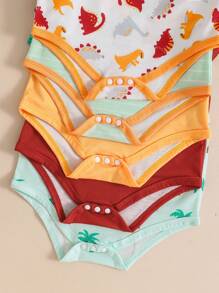 SHEIN Playful Pals 5pcs Baby Boys' Short Sleeve Dinosaur Printed Bodysuits For Summer - Red - View 3