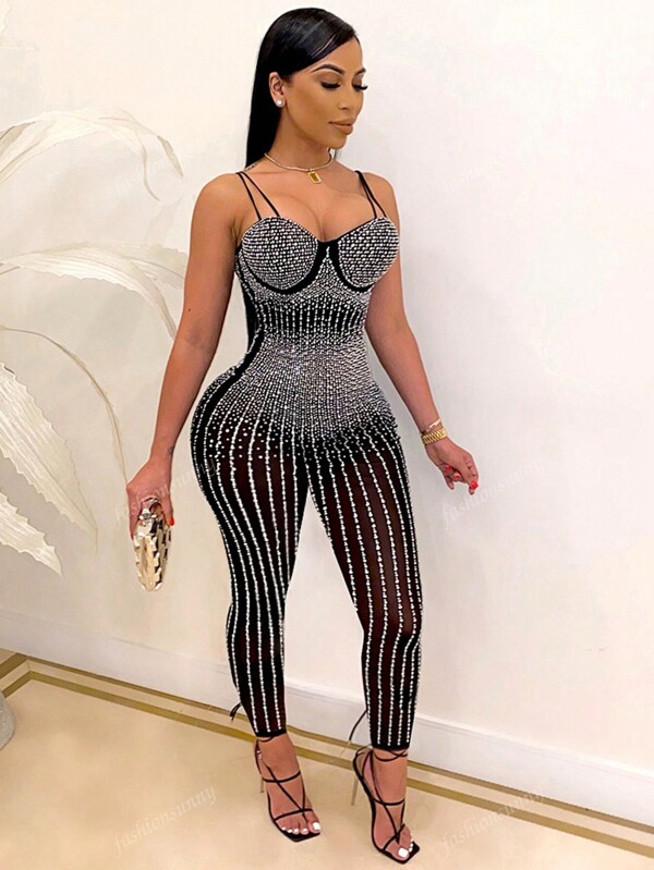 Mono / Unitard para mujeres con correas decoradas con diamantes de imitación, sexy
