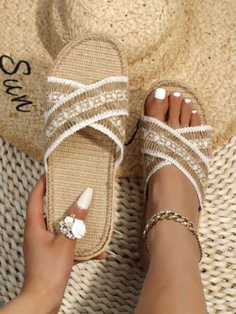 Women Elegant And Stylish Lace-Edged Criss-Cross Woven Linen Slippers, Perfect For Summer Holidays, Beach Parties, Quiet And Sweat-Absorbing Indoor Floor Bedroom Slippers