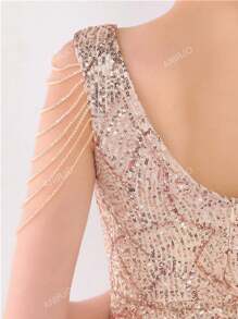 Vestido con cuello en V sin mangas, decorado con lentejuelas y cadena de cuentas, con abertura en el bajo. Vestido de gala formal elegante de mujer para fiestas de cóctel, bodas, graduaciones, cenas y fiestas de regreso a casa
