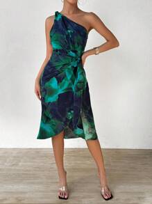 Chiquease Floral Print One Shoulder Fashion Summer Dress With Knot And Wrapped Hem Maxi Women Outfit