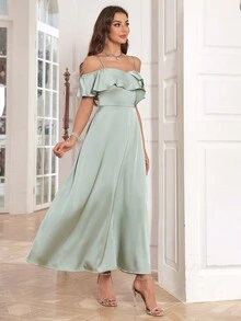 Spaghetti Strap Ruffle A-Line Off-Shoulder Bridesmaid Dress