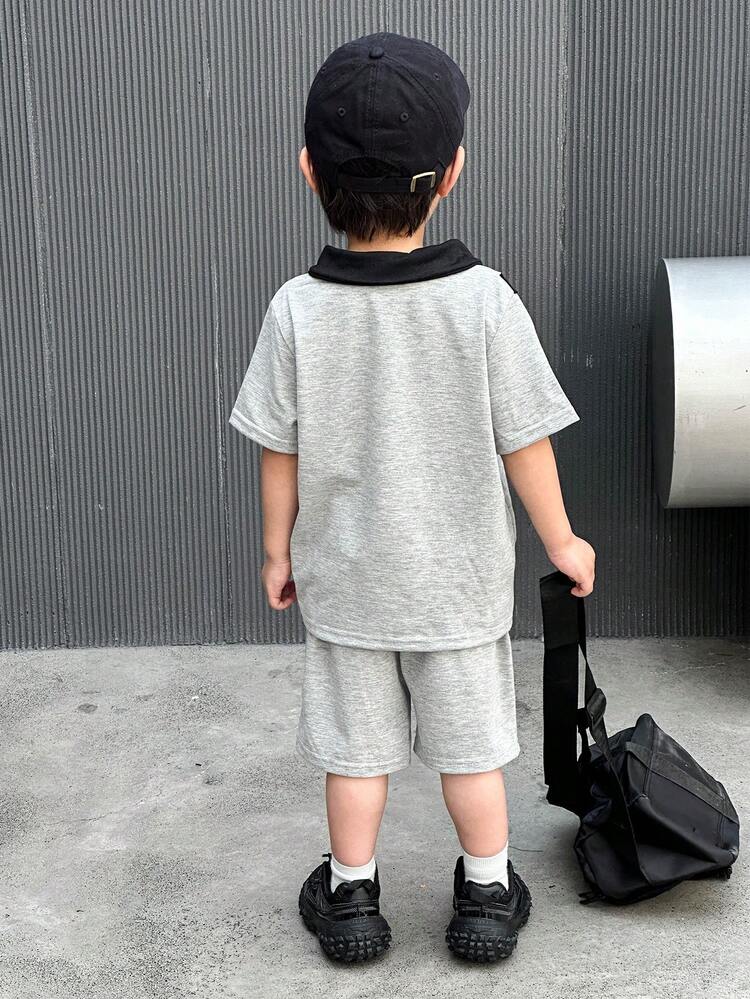 Boys Casual Sporty College Street Cool Letter Print Contrast Collar Short Sleeve Polo Shirt & Shorts Set, Oversized Fit, Suitable For Daily, School, Travel, Sports In Spring/Summer