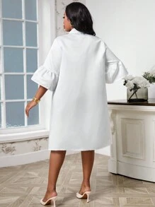 SHEIN Clasi Vestido Camisero De Satén Con Mangas Acampanadas De Talla Grande - Blanco - Ver 2