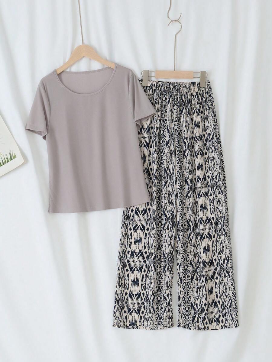 青少年女孩簡約卡其色短袖T恤和長褲兩件套家居服裝 - 藏蓝色 - 查看 1