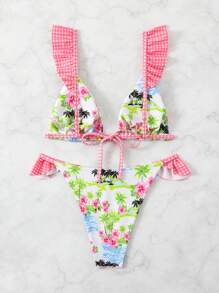 Swim Mod Ladies Gingham Ruffle Trim Tropical Print Bikini Set ,Summer Beach