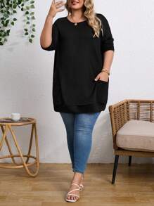 EMERY ROSE Plus Size Dual Pocket Long Sleeve T-Shirt - Black - View 3