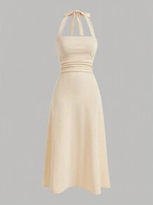 SHEIN Privé Đầm cổ chữ A xếp nếp màu hoa mai nhẹ, thanh lịch và thích hợp để mặc hàng ngày hoặc hẹn hò - Màu be - Xem 2