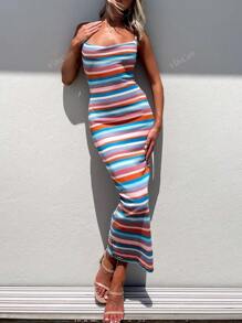 Vacation Casual Colorblock Striped Knit Fitted Long Cami Dress