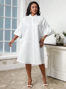 SHEIN Clasi Vestido Camisero De Satén Con Mangas Acampanadas De Talla Grande - Blanco - Ver 6
