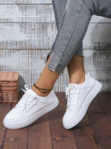 White Leather Casual Sneakers For Students And Youth, Flat Athletic Skate Shoes