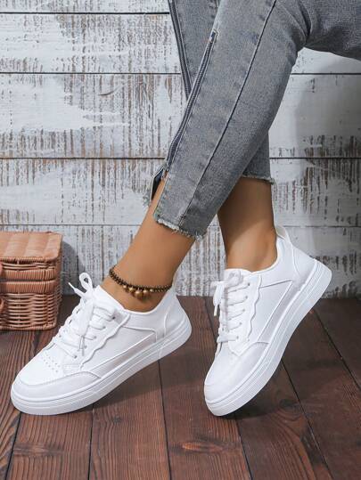 White Leather Casual Sneakers For Students And Youth, Flat Athletic Skate Shoes
