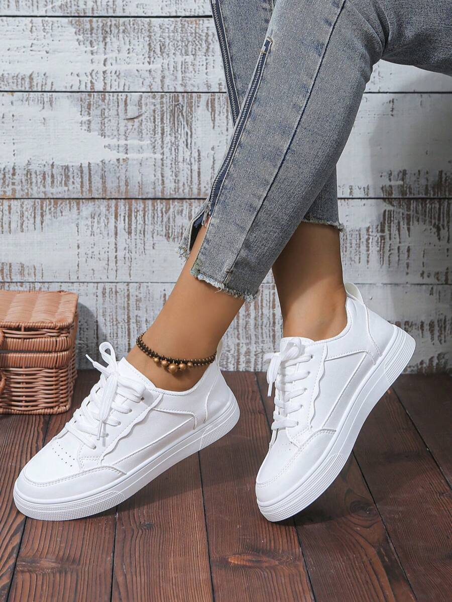 White Leather Casual Sneakers For Students And Youth, Flat Athletic Skate Shoes