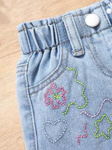 Baby Girl Bud Embroidery All-Match Spring Summer Shorts - Light Wash - View 4