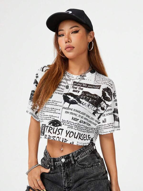 Coolane Fashionable Newspaper Print Mesh Short Sleeve Cropped T-Shirt