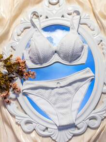 SHEIN Swim Summer Ladies Vacation Plain Textured Bikini Set With Underwire