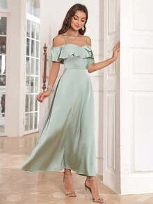 Spaghetti Strap Ruffle A-Line Off-Shoulder Bridesmaid Dress