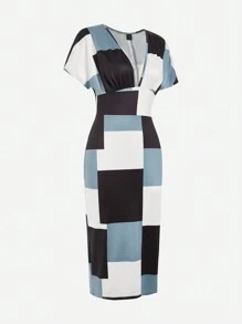 SHEIN Clasi 女士深 V 领格子印花收腰修身春夏连衣裙长款女装 - 彩色 - 查看 5