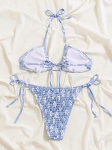 Swim Vcay Bathing Suits Women Summer Beach Ditsy Floral Print Bikini Set Smocked Halter Bra & Thong Bottom 2 Piece Bathing Suit