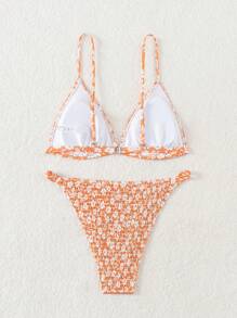 SHEIN Swim Mod Ladies' Shirred Floral Bikini Set Bathing Suit, Summer Beach - Orange - View 7