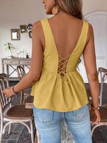 Breezaya Leisure Solid Color Lace Splicing Cross Tie Strap Backless Deep V-Neck Tank Top