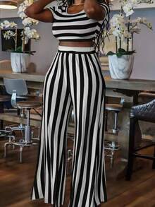 大码假日休闲条纹拼色修身短款上衣和阔腿裤两件套 - 彩色 - 查看 1
