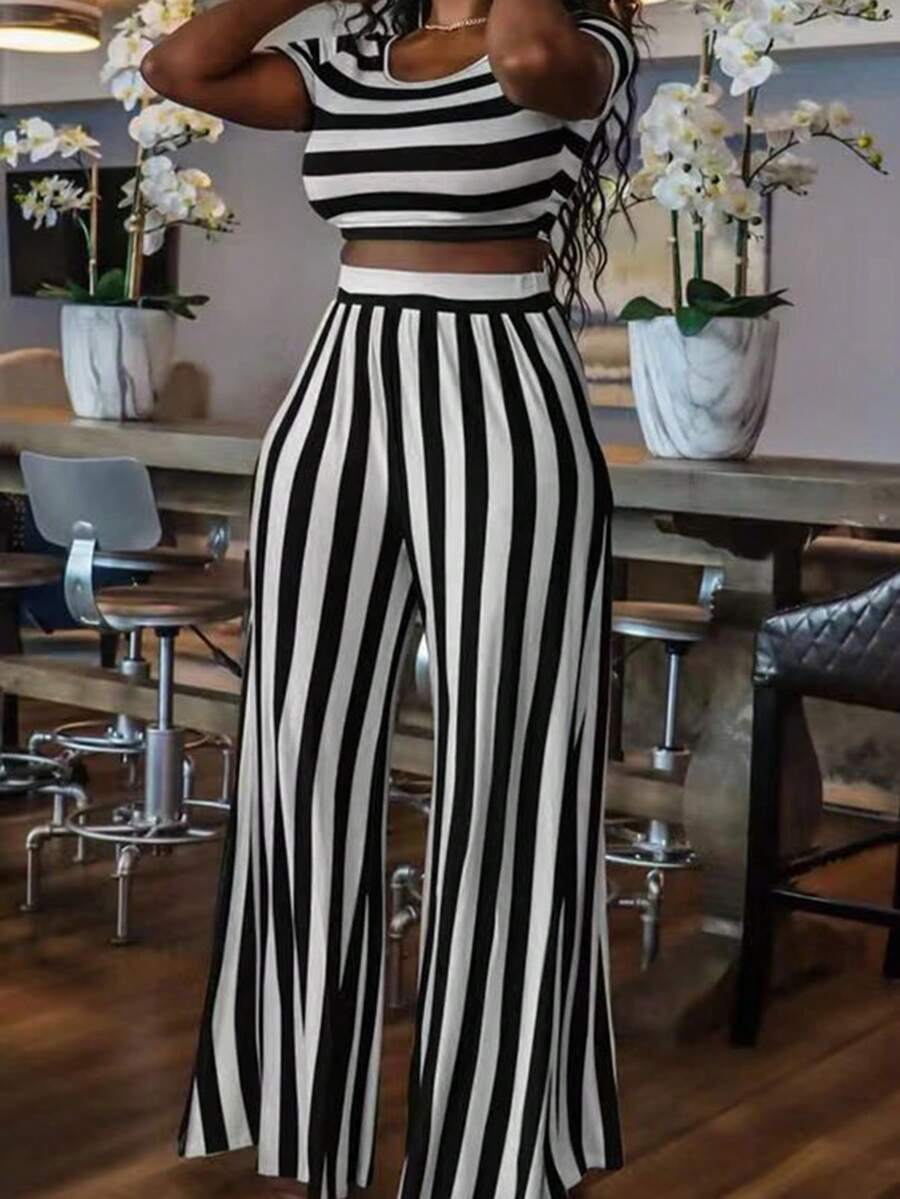 大码假日休闲条纹拼色修身短款上衣和阔腿裤两件套 - 彩色 - 查看 1
