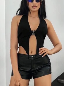 SHEIN ICON Halter Neckline Button Front Tank Top, Music Festival Outfit - Black - View 3