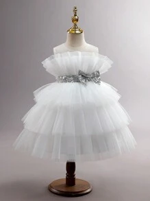 SHEIN Glamorique Kids 年輕少女華麗多層蛋糕公主裙，飾以珍珠和大蝴蝶結，派對和生日主持人的花童或晚禮服 - 白色 - 查看 1