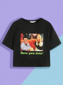 FRIENDS X SHEIN Figure And Slogan Graphic Short Sleeve Tee For Summer How You Doin'