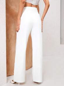 Aveloria Pantalones de pierna recta con cremallera de unicolor para mujer, versátil - Beis - Ver 2